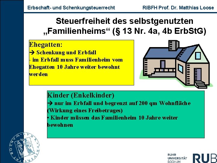 Erbschaft- und Schenkungsteuerrecht Ri. BFH Prof. Dr. Matthias Loose Steuerfreiheit des selbstgenutzten „Familienheims“ (§