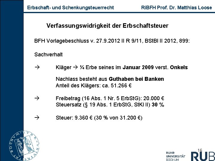 Erbschaft- und Schenkungsteuerrecht Ri. BFH Prof. Dr. Matthias Loose Verfassungswidrigkeit der Erbschaftsteuer BFH Vorlagebeschluss