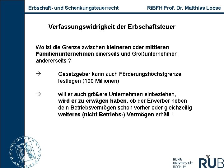 Erbschaft- und Schenkungsteuerrecht Ri. BFH Prof. Dr. Matthias Loose Verfassungswidrigkeit der Erbschaftsteuer Wo ist