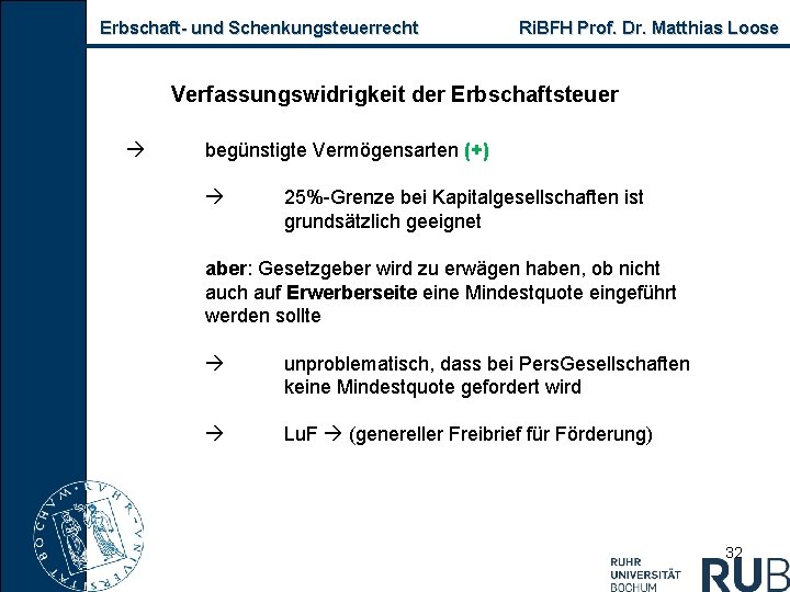 Erbschaft- und Schenkungsteuerrecht Ri. BFH Prof. Dr. Matthias Loose Verfassungswidrigkeit der Erbschaftsteuer begünstigte Vermögensarten