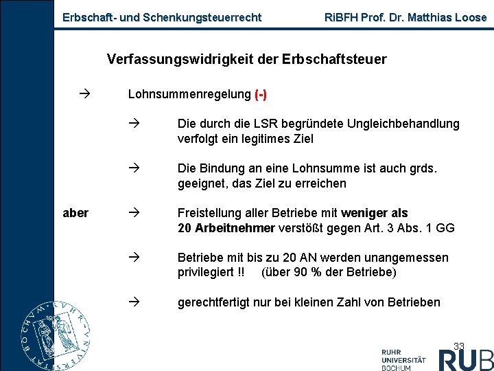 Erbschaft- und Schenkungsteuerrecht Ri. BFH Prof. Dr. Matthias Loose Verfassungswidrigkeit der Erbschaftsteuer aber Lohnsummenregelung