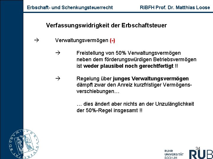 Erbschaft- und Schenkungsteuerrecht Ri. BFH Prof. Dr. Matthias Loose Verfassungswidrigkeit der Erbschaftsteuer Verwaltungsvermögen (-)