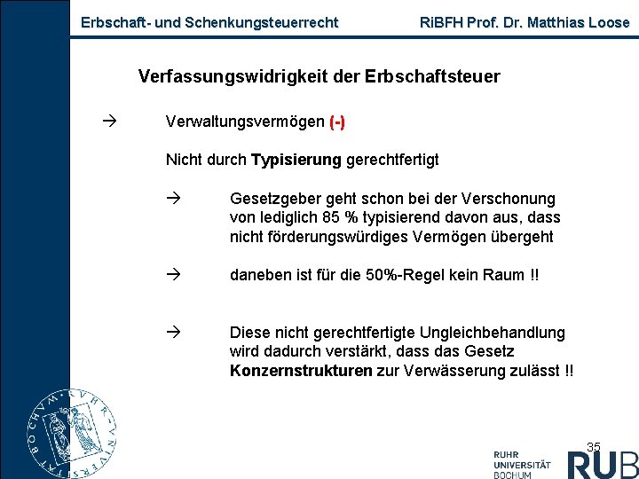 Erbschaft- und Schenkungsteuerrecht Ri. BFH Prof. Dr. Matthias Loose Verfassungswidrigkeit der Erbschaftsteuer Verwaltungsvermögen (-)