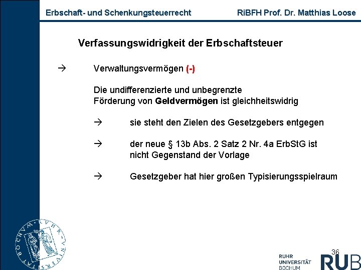 Erbschaft- und Schenkungsteuerrecht Ri. BFH Prof. Dr. Matthias Loose Verfassungswidrigkeit der Erbschaftsteuer Verwaltungsvermögen (-)