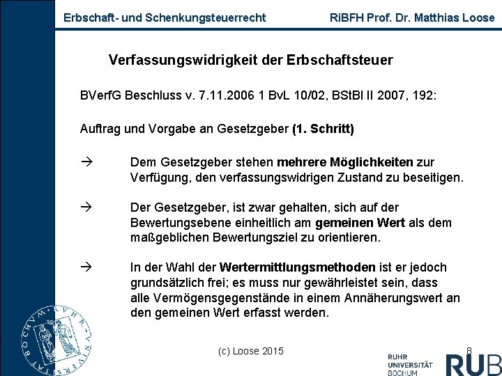 Erbschaft- und Schenkungsteuerrecht Ri. BFH Prof. Dr. Matthias Loose Verfassungswidrigkeit der Erbschaftsteuer BVerf. G