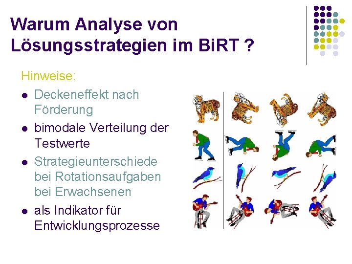 Warum Analyse von Lösungsstrategien im Bi. RT ? Hinweise: l Deckeneffekt nach Förderung l