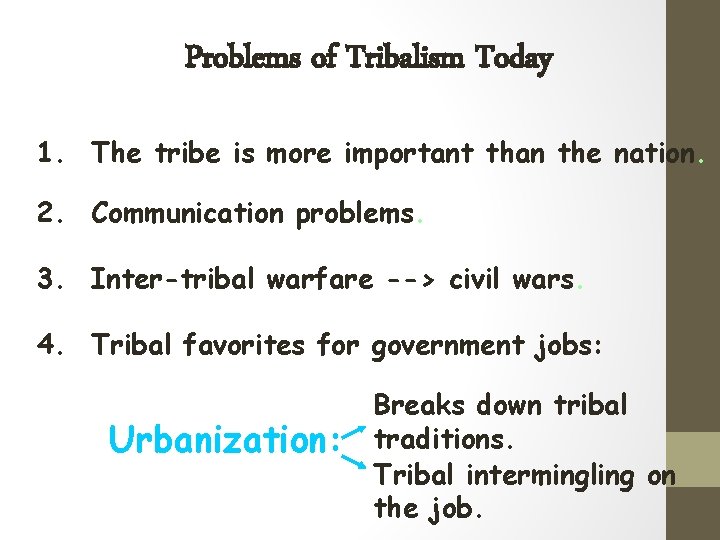 Problems of Tribalism Today 1. The tribe is more important than the nation. 2.