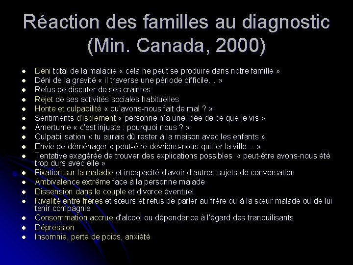Réaction des familles au diagnostic (Min. Canada, 2000) l l l l l Déni