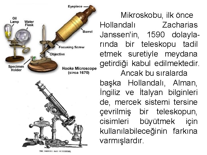 Mikroskobu, ilk önce Hollandalı Zacharias Janssen'in, 1590 dolaylarında bir teleskopu tadil etmek suretiyle meydana