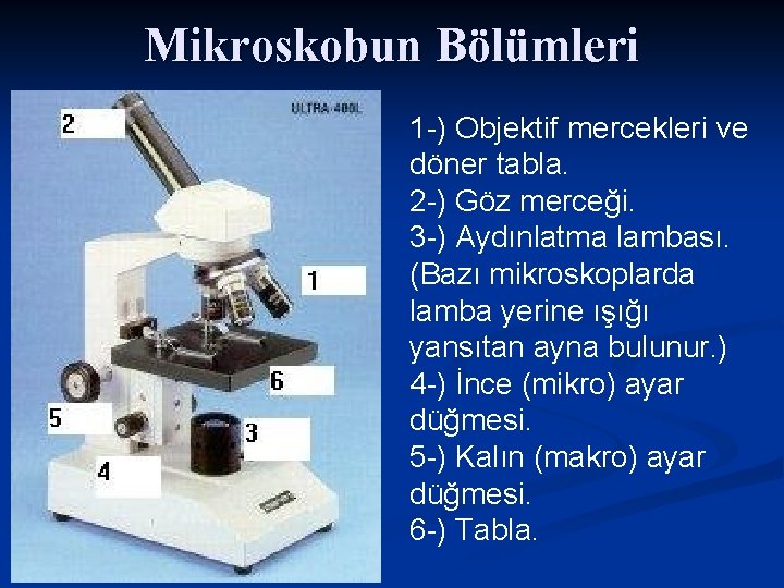 Mikroskobun Bölümleri 1 -) Objektif mercekleri ve döner tabla. 2 -) Göz merceği. 3