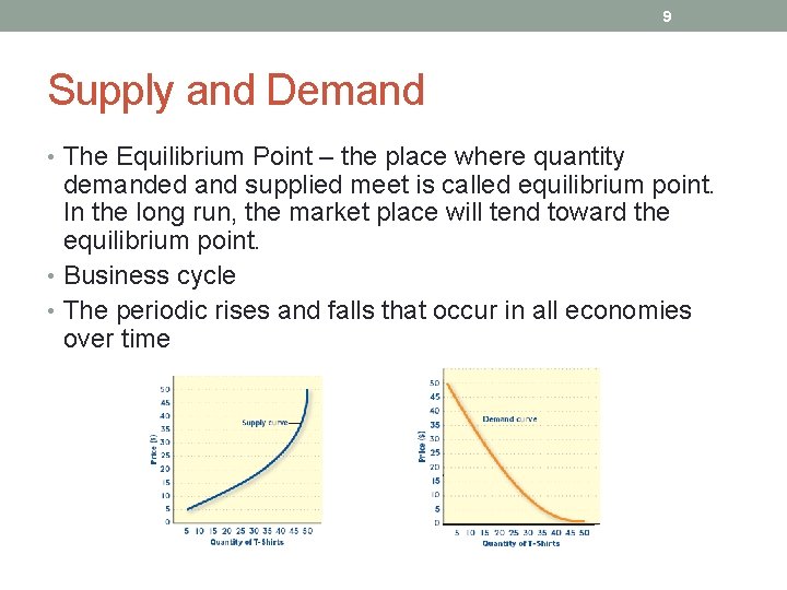 9 Supply and Demand • The Equilibrium Point – the place where quantity demanded