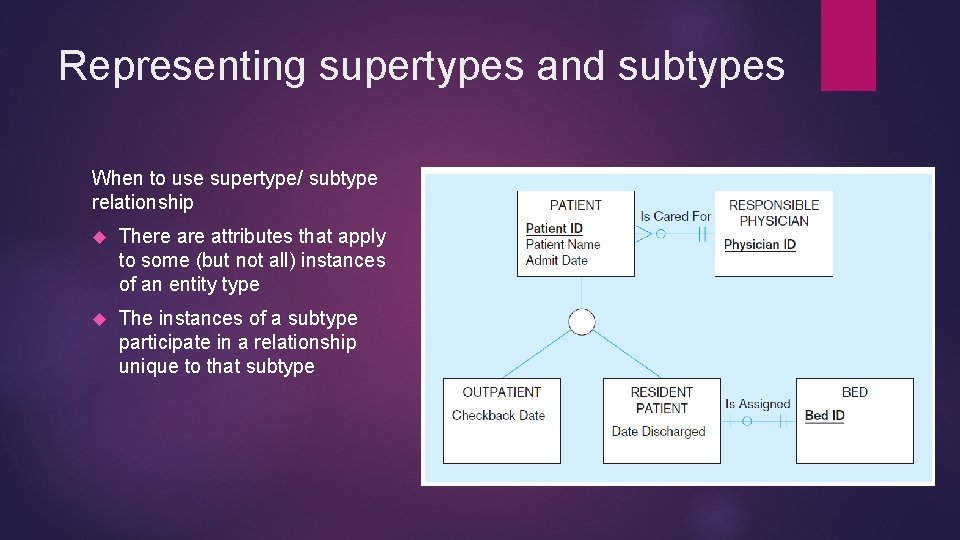 Representing supertypes and subtypes When to use supertype/ subtype relationship There attributes that apply