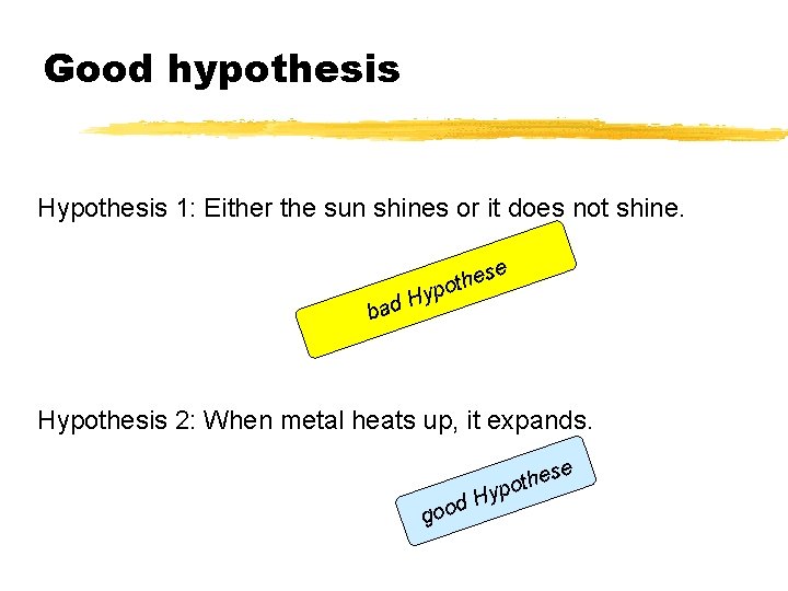 Good hypothesis Hypothesis 1: Either the sun shines or it does not shine. e