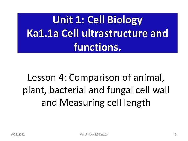 Unit 1: Cell Biology Ka 1. 1 a Cell ultrastructure and functions. Lesson 4: