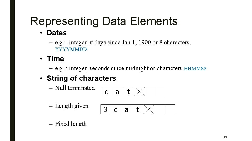 Representing Data Elements • Dates – e. g. : integer, # days since Jan