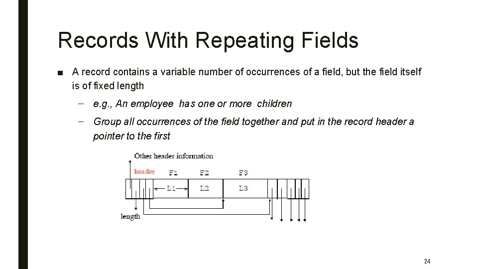 Records With Repeating Fields ■ A record contains a variable number of occurrences of