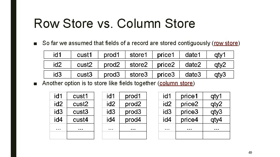 Row Store vs. Column Store ■ So far we assumed that fields of a
