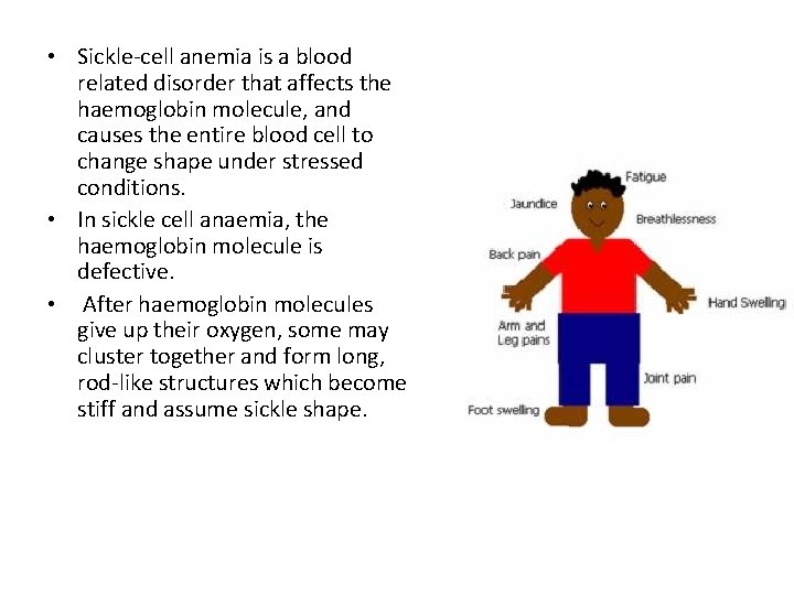  • Sickle-cell anemia is a blood related disorder that affects the haemoglobin molecule,