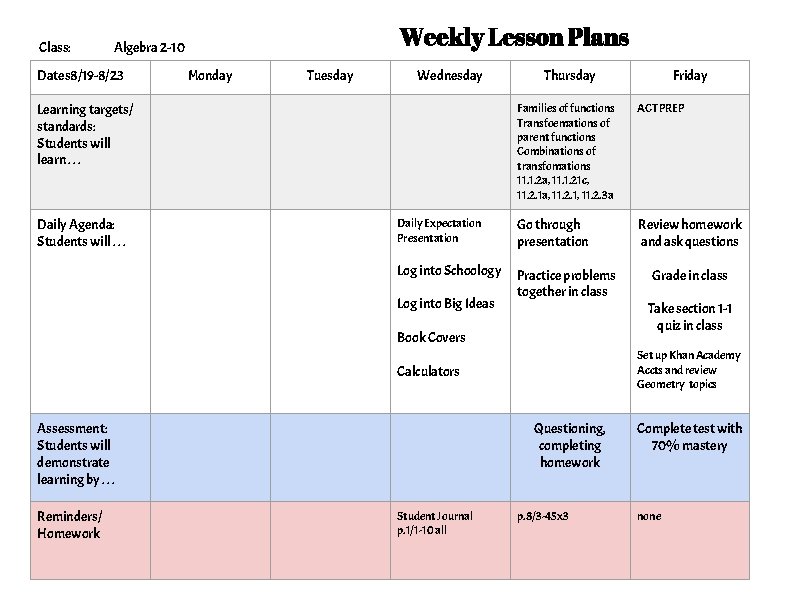 Class: Weekly Lesson Plans Algebra 2 -10 Dates 8/19 -8/23 Monday Tuesday Wednesday Learning