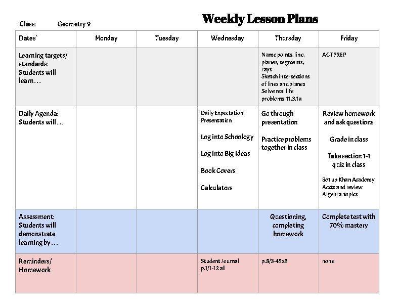 Class: Weekly Lesson Plans Geometry 9 Dates` Monday Tuesday Wednesday Learning targets/ standards: Students