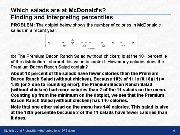 Which salads are at Mc. Donald’s? Finding and interpreting percentiles PROBLEM: The dotplot below