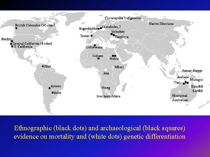 Ethnographic (black dots) and archaeological (black squares) evidence on mortality and (white dots) genetic