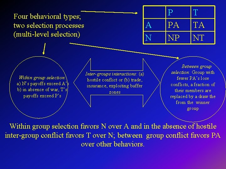 Four behavioral types; two selection processes (multi-level selection) Within group selection: a) N’s payoffs