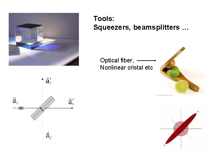 Tools: Squeezers, beamsplitters … Optical fiber, Nonlinear cristal etc 