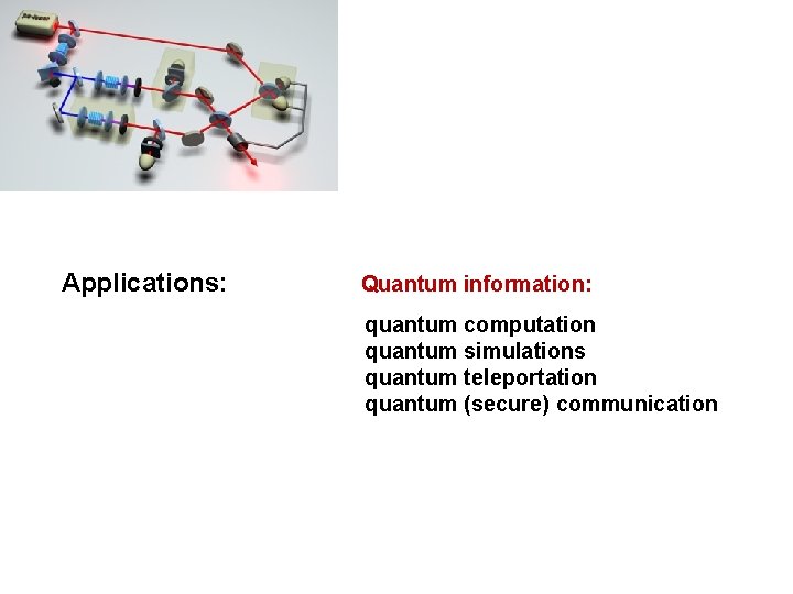 Applications: Quantum information: quantum computation quantum simulations quantum teleportation quantum (secure) communication 