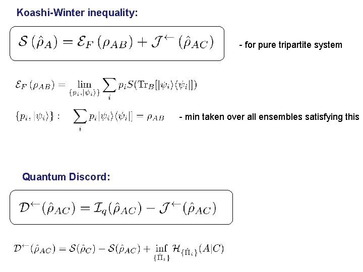 Koashi-Winter inequality: - for pure tripartite system - min taken over all ensembles satisfying