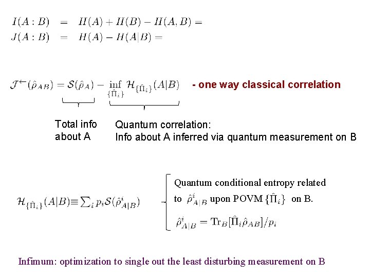 - one way classical correlation Total info about A Quantum correlation: Info about A