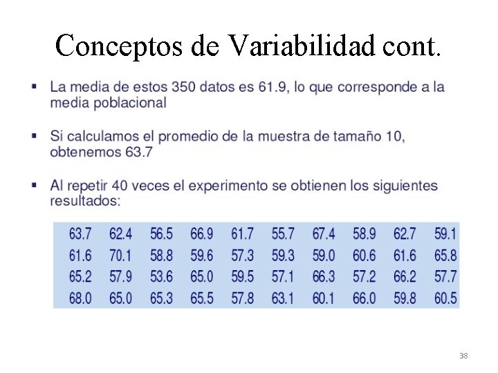 Conceptos de Variabilidad cont. 38 