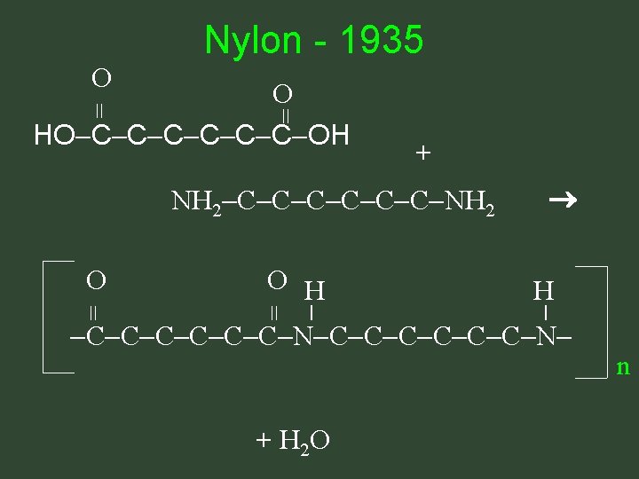 Nylon - 1935 O = + NH 2 C C C NH 2 O Nylon - 1935 O = + NH 2 C C C NH 2 O