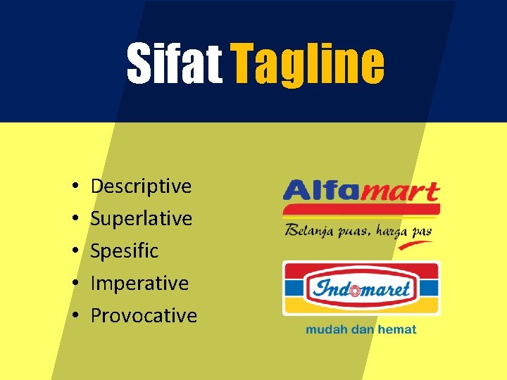 Sifat Tagline • • • Descriptive Superlative Spesific Imperative Provocative 