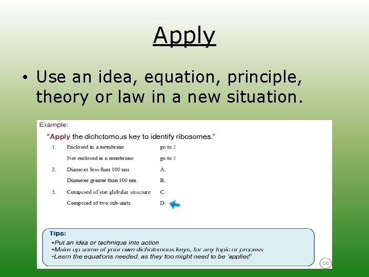 Apply • Use an idea, equation, principle, theory or law in a new situation.