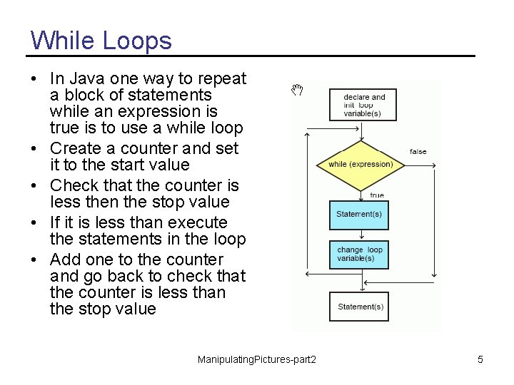 While Loops • In Java one way to repeat a block of statements while