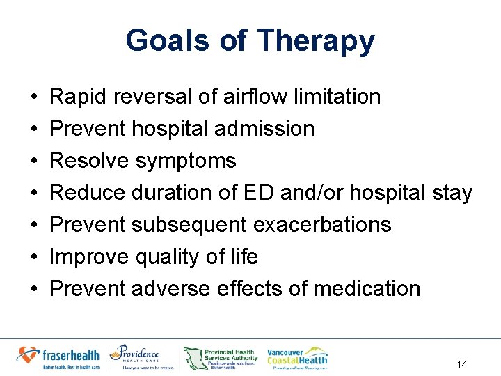 Goals of Therapy • • Rapid reversal of airflow limitation Prevent hospital admission Resolve