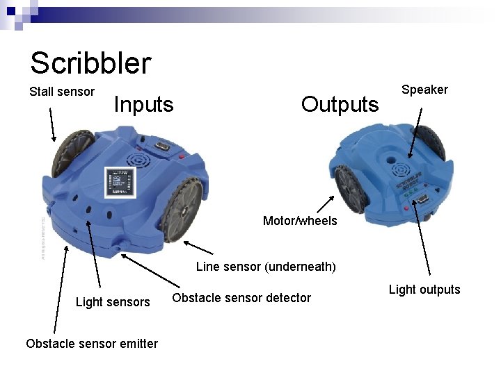 Scribbler Stall sensor Inputs Outputs Speaker Motor/wheels Line sensor (underneath) Light sensors Obstacle sensor