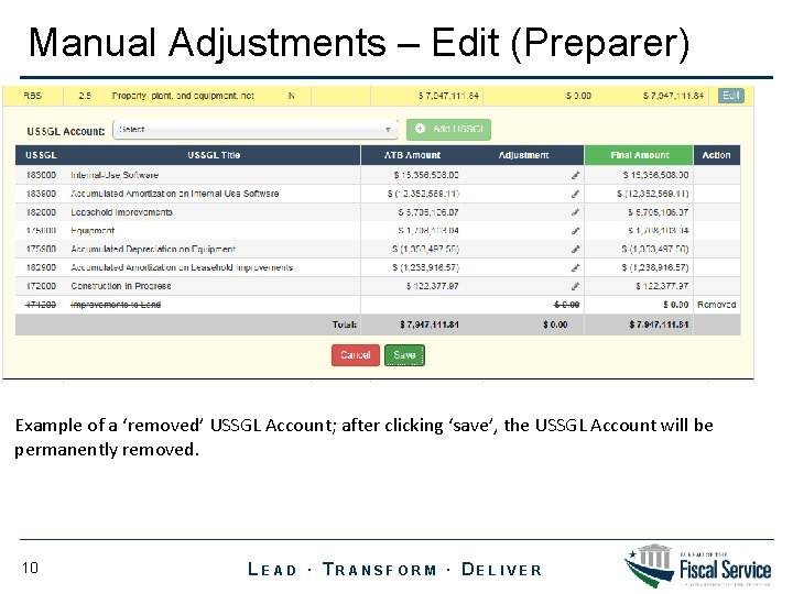 Manual Adjustments – Edit (Preparer) Example of a ‘removed’ USSGL Account; after clicking ‘save’,