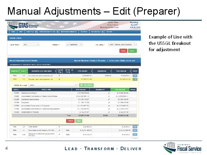 Manual Adjustments – Edit (Preparer) Example of Line with the USSGL Breakout for adjustment