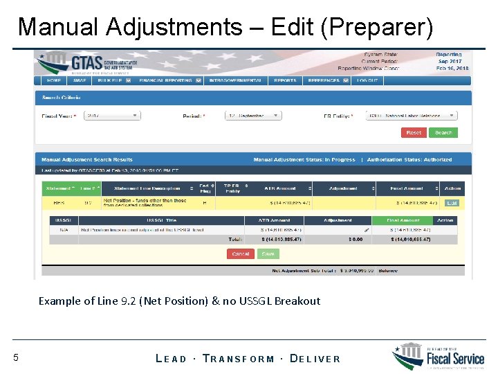 Manual Adjustments – Edit (Preparer) Example of Line 9. 2 (Net Position) & no