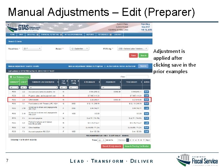 Manual Adjustments – Edit (Preparer) Adjustment is applied after clicking save in the prior