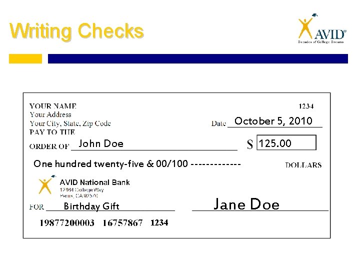 Writing Checks October 5, 2010 John Doe 125. 00 One hundred twenty-five & 00/100