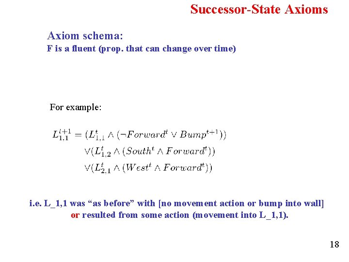 Successor-State Axioms Axiom schema: F is a fluent (prop. that can change over time)