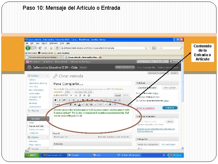 Paso 10: Mensaje del Artículo o Entrada Contenido de la Entrada o Artículo 