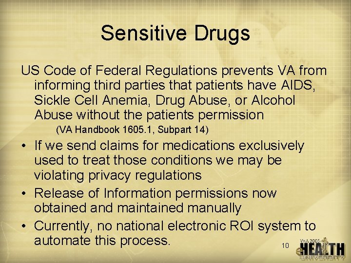 Sensitive Drugs US Code of Federal Regulations prevents VA from informing third parties that