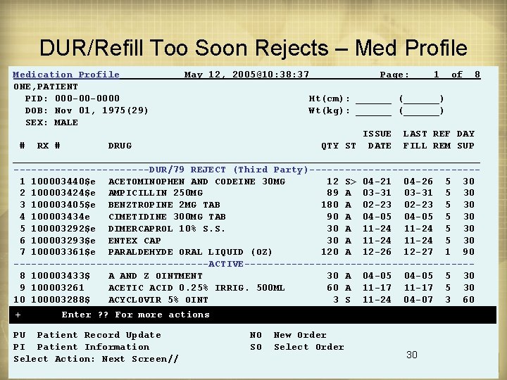 DUR/Refill Too Soon Rejects – Med Profile Medication Profile ONE, PATIENT PID: 000 -00