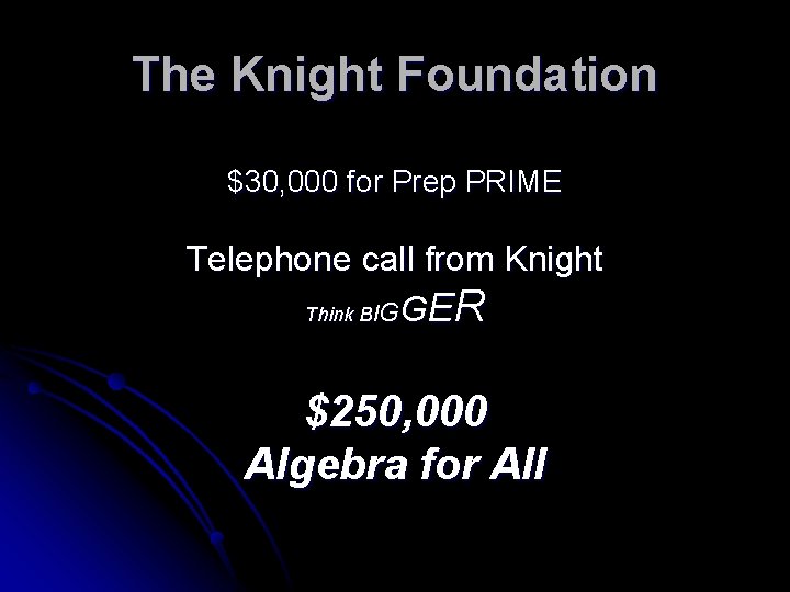 The Knight Foundation $30, 000 for Prep PRIME Telephone call from Knight Think BIGGER