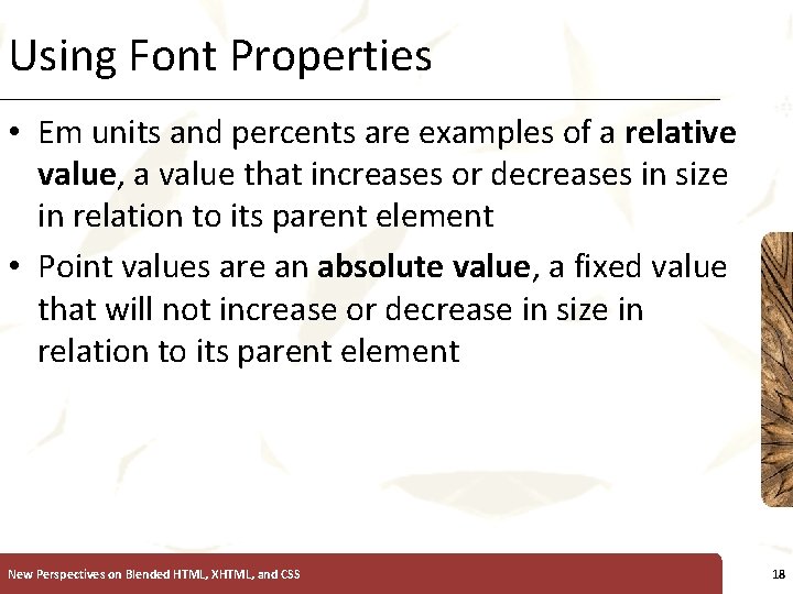 Using Font Properties XP • Em units and percents are examples of a relative