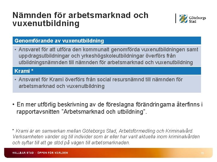 Nämnden för arbetsmarknad och vuxenutbildning Genomförande av vuxenutbildning • Ansvaret för att utföra den